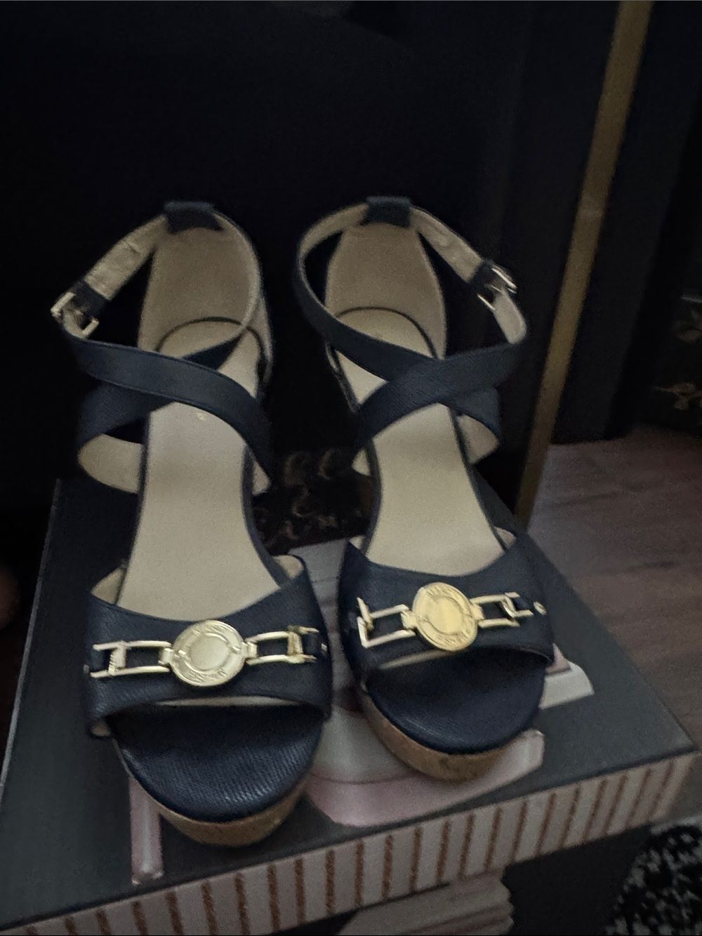 Marc Fisher Navy Crisscross Wedge Sandals with Gold Medallion